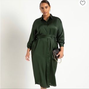 Eloquii Forest Green Satin Button Down Long Sleeve Maxi Shirtdress Size 16